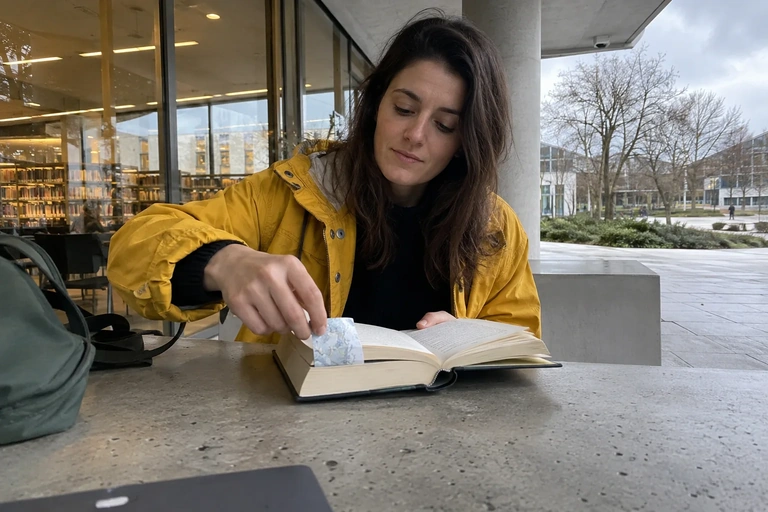 Une femme place un marque-page dans un livre à la bibliothèque