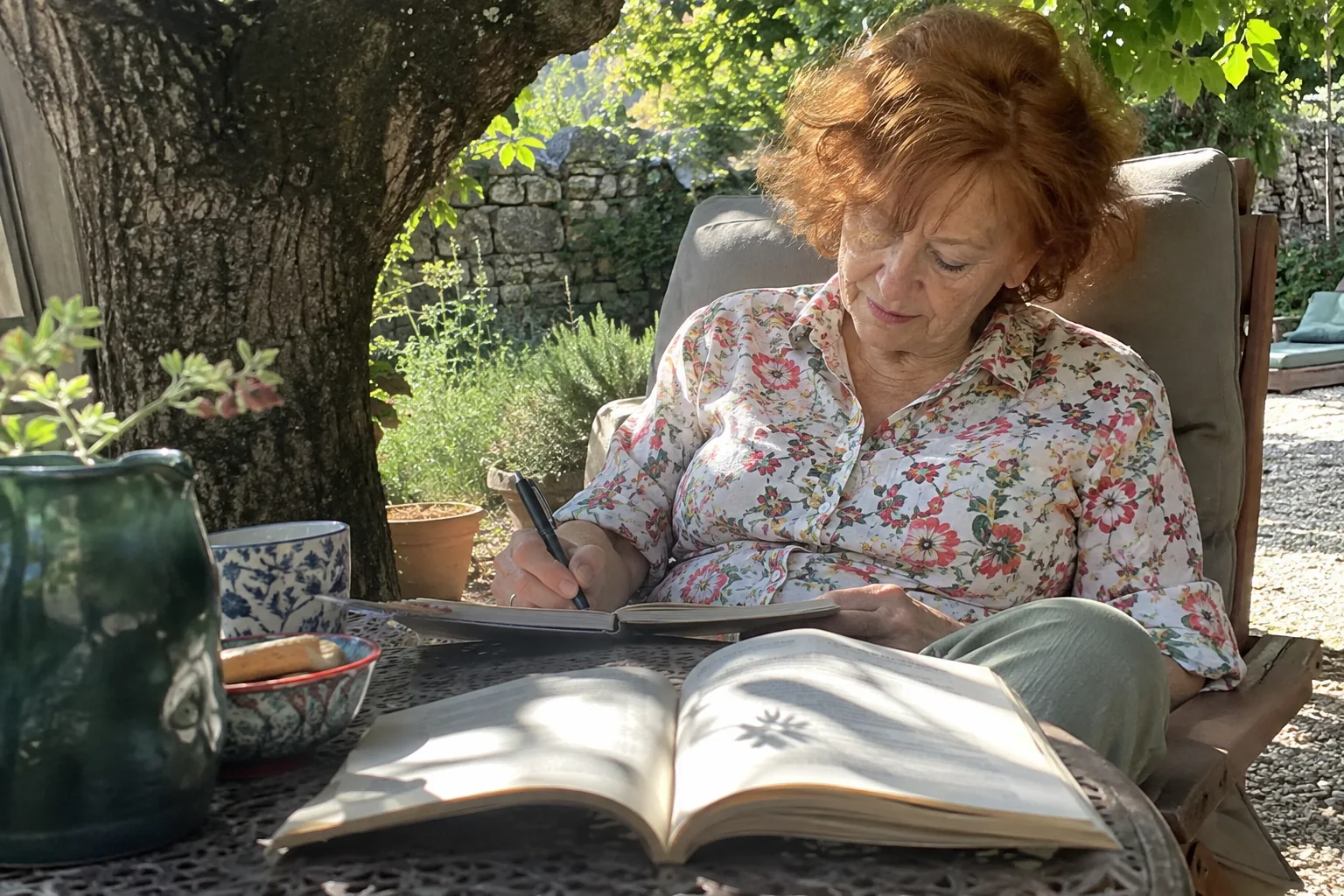 Une femme écrit dans un jardin, un livre ouvert devant elle
