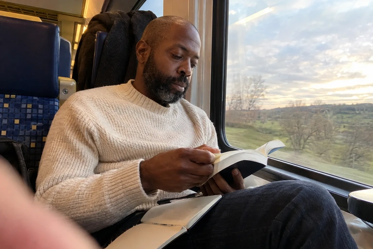 Un homme lit dans un train avec un carnet sur ses genoux