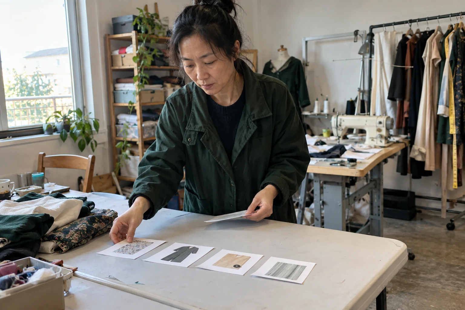 Une femme classe quatre fiches dans un atelier de couture