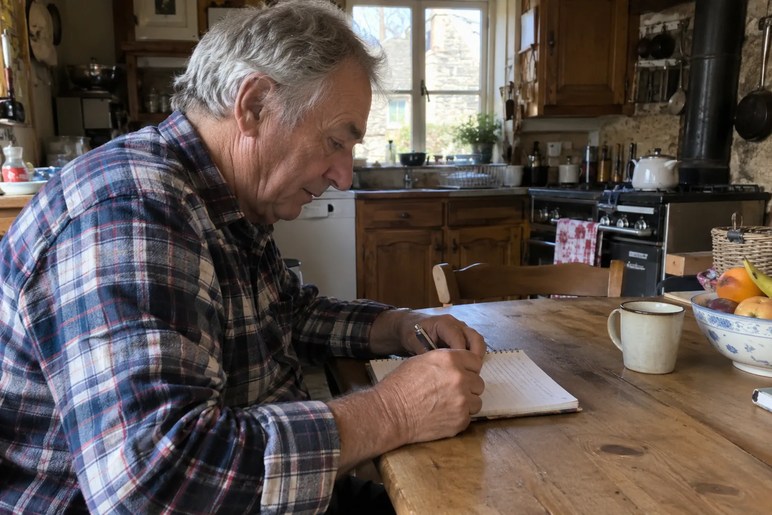 Un homme écrit une ligne dans un carnet à la cuisine
