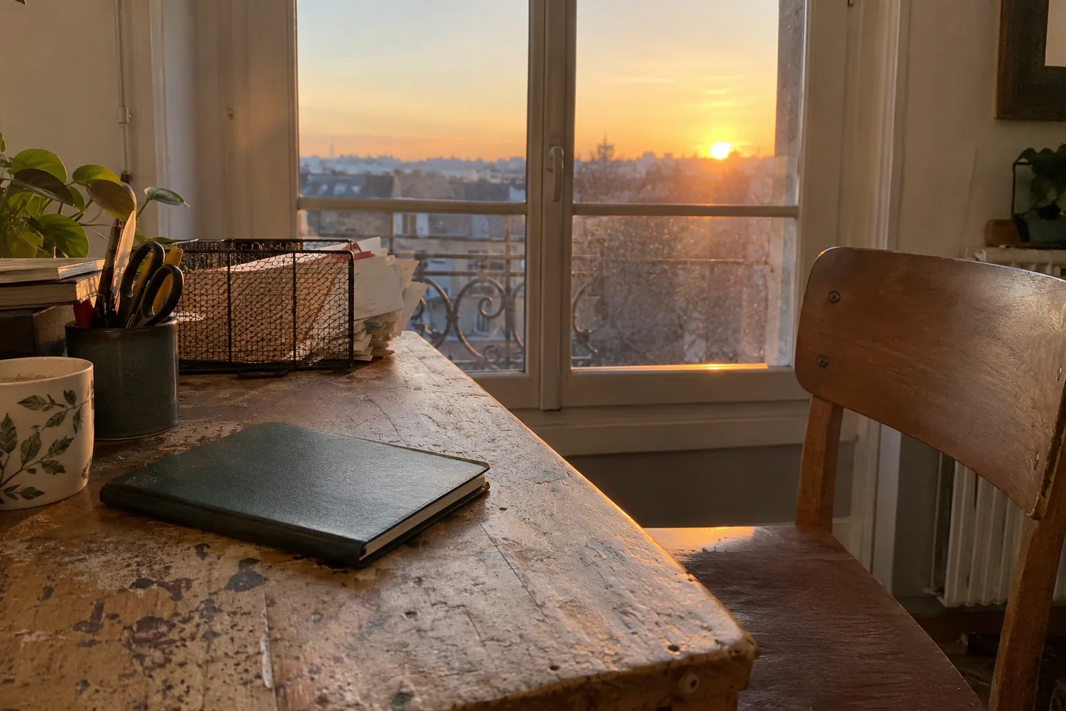 Un carnet refermé et des papiers rangés sur un bureau