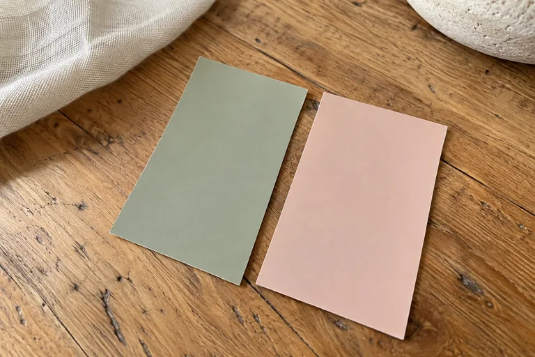 Deux échantillons rectangulaires de couleur sauge et rose posés sur une table en bois.