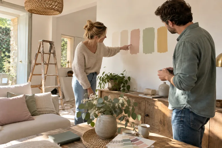 Deux adultes comparent des essais de peinture sur un mur.