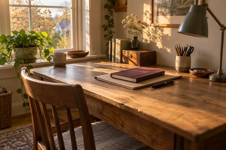 Bureau rangé avec carnet fermé et lumière de fin de journée