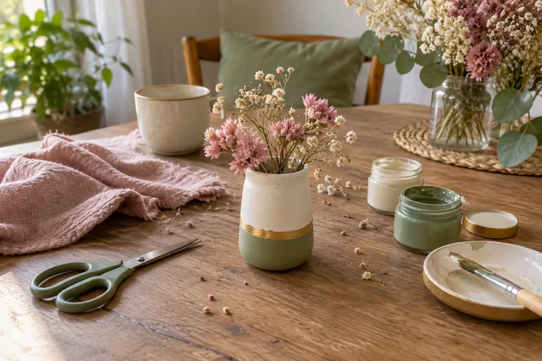 Petit vase peint et fleuri près de pots de peinture et de ciseaux.