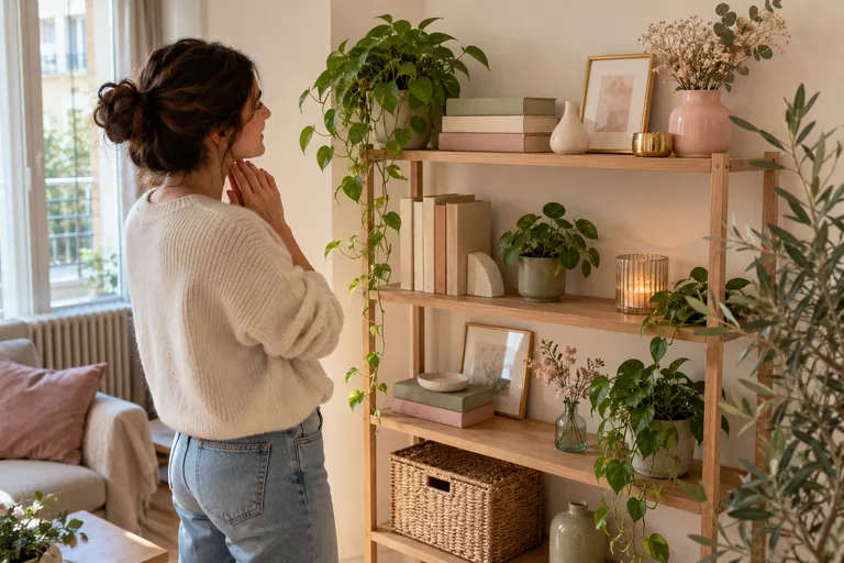 Femme regardant une étagère décorée de livres et de plantes.