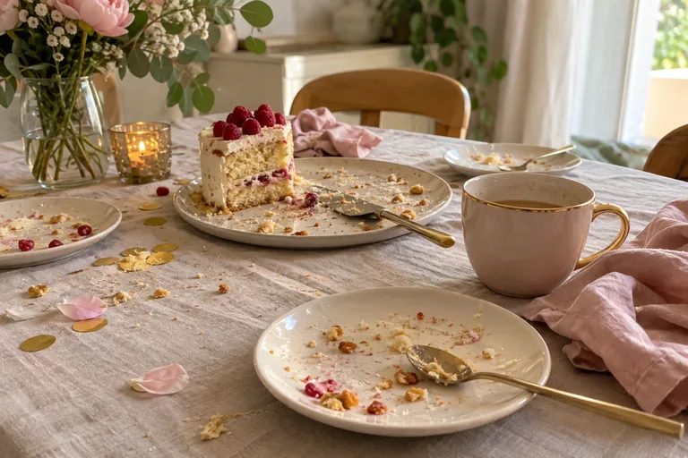 Assiettes avec miettes, reste de gâteau et tasse après un goûter.