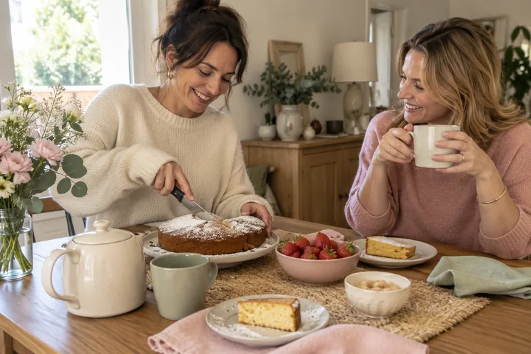 Deux femmes partageant un gâteau et une boisson chaude.