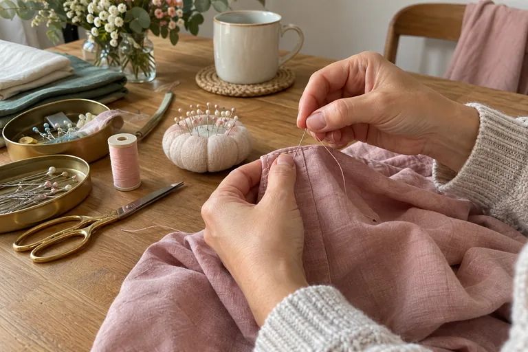 Mains cousant un ourlet sur un tissu rose.