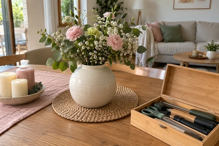 Bouquet dans un vase près d’une boîte d’outils rangés.