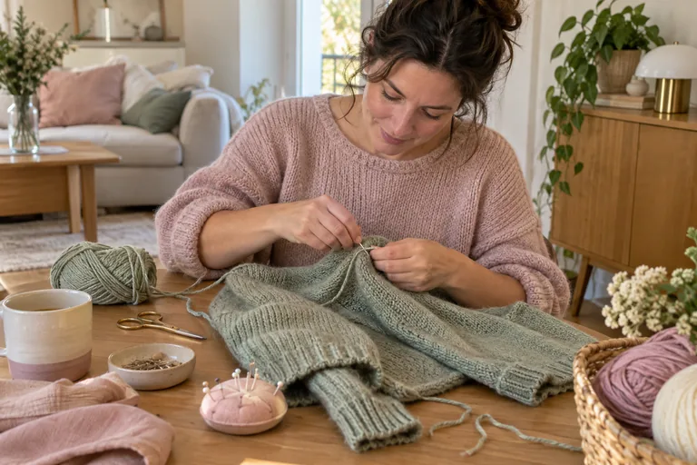 Femme réalisant une finition sur un pull tricoté vert.