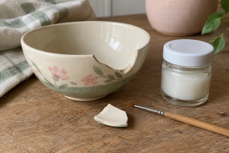 Bol ébréché, fragment de céramique, pinceau et petit pot blanc fermé sur une table.