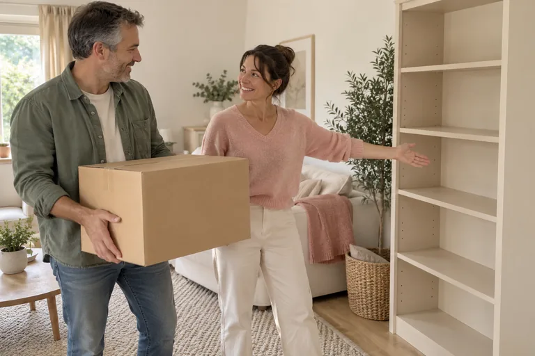 Un homme tient un carton tandis qu’une femme montre une étagère vide.