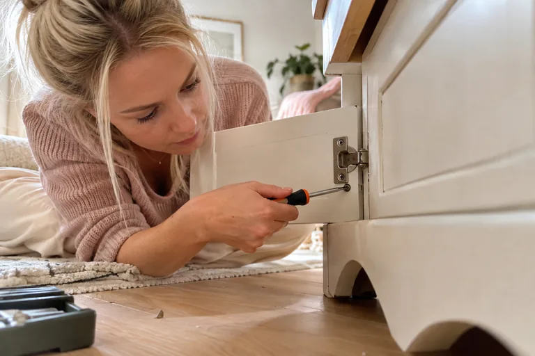 Femme au sol utilisant un tournevis sur une porte de meuble.
