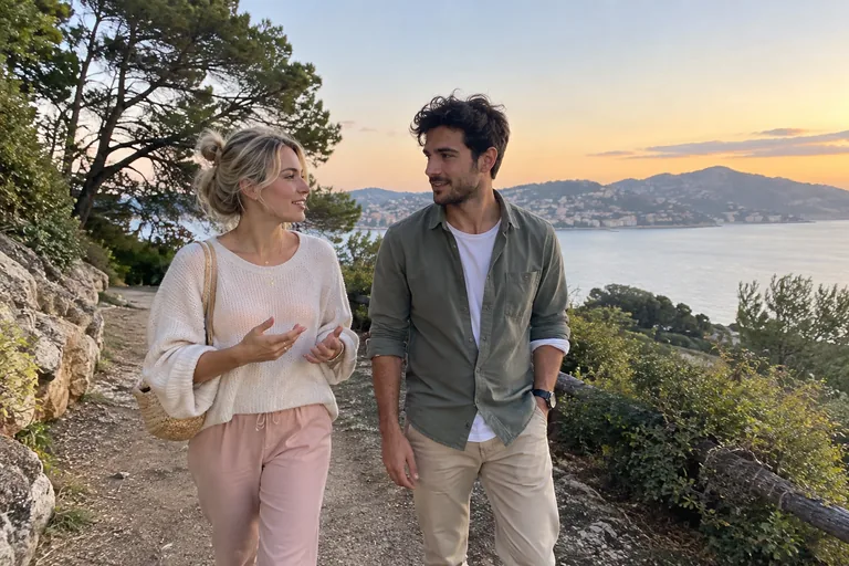 Deux adultes marchent et parlent sur un sentier au-dessus de la mer.