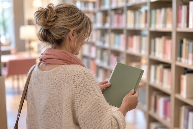 Femme vue de dos tenant un livre vert devant des rayonnages flous.