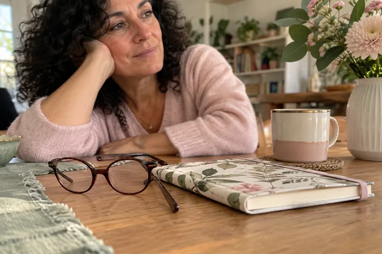 Lunettes ouvertes près d’un carnet floral fermé et d’une tasse.