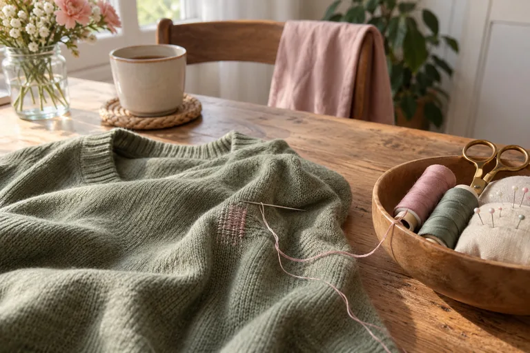 Un pull vert raccommodé avec du fil rose repose près d’un nécessaire de couture.