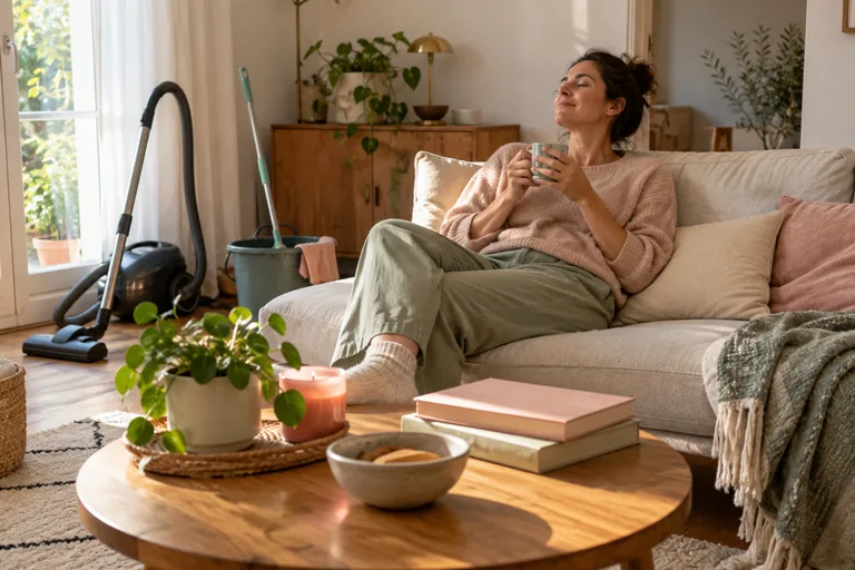 Une femme tient une tasse sur un canapé, avec du matériel de ménage à proximité.
