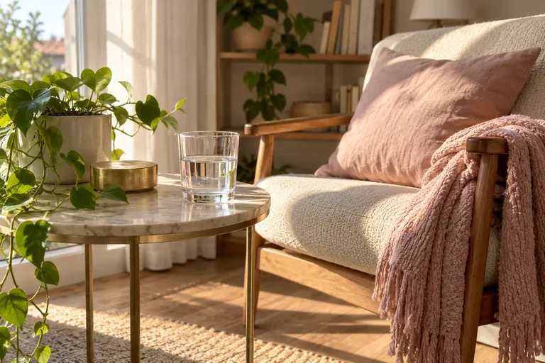 Un verre d’eau est posé sur une petite table près d’un fauteuil.