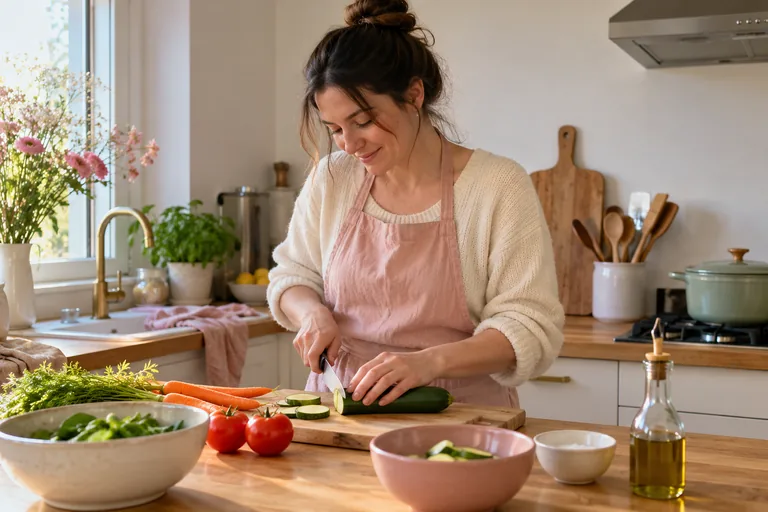Une femme coupe une courgette dans une cuisine lumineuse.