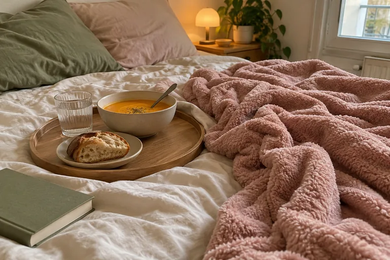 Un plateau de soupe, de pain et d’eau repose sur un lit près d’une couverture rose.