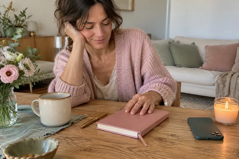 Une femme pose la main sur un carnet fermé à côté d’une tasse.