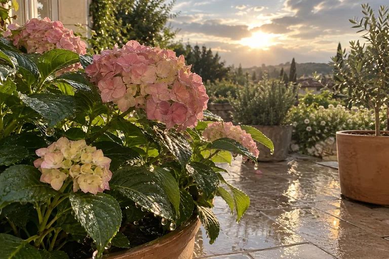 Des hortensias mouillés sont éclairés par le soleil sur une terrasse.