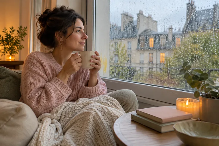 Une femme tient une tasse près d’une fenêtre couverte de gouttes de pluie.