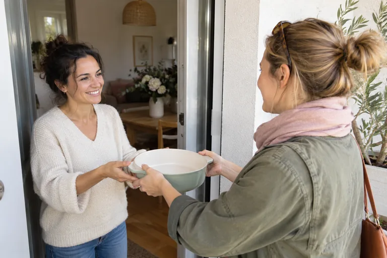 Deux femmes se passent un plat propre sur le seuil d’un logement.