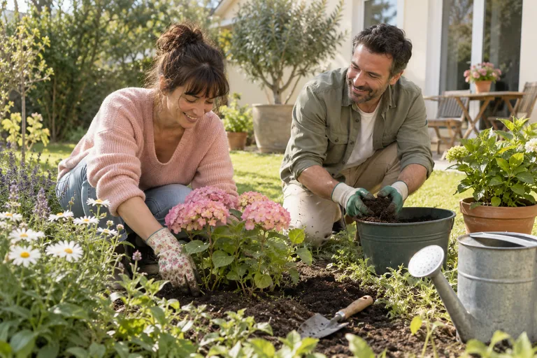 Deux adultes jardinent ensemble autour d’un hortensia.