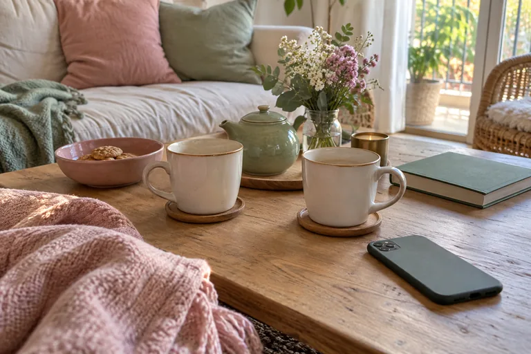 Deux tasses et une théière reposent sur une table basse près d’un carnet fermé.