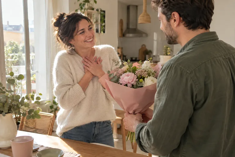 Une femme sourit à un homme qui lui présente un bouquet de fleurs.