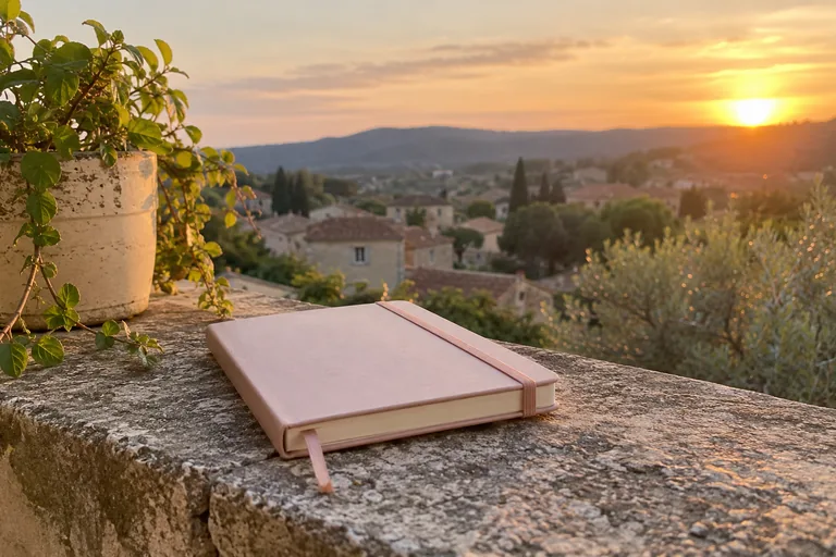 Un carnet rose fermé repose sur un muret face à un village au soleil couchant.