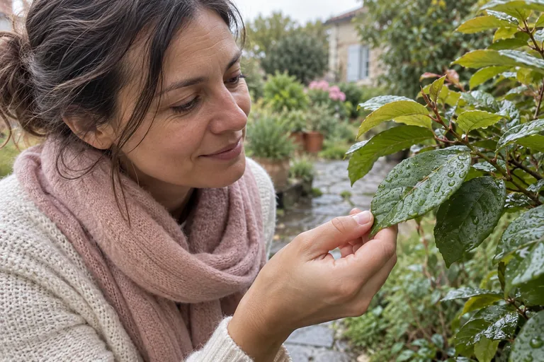 Une femme observe de près une feuille couverte de gouttes dans un jardin.