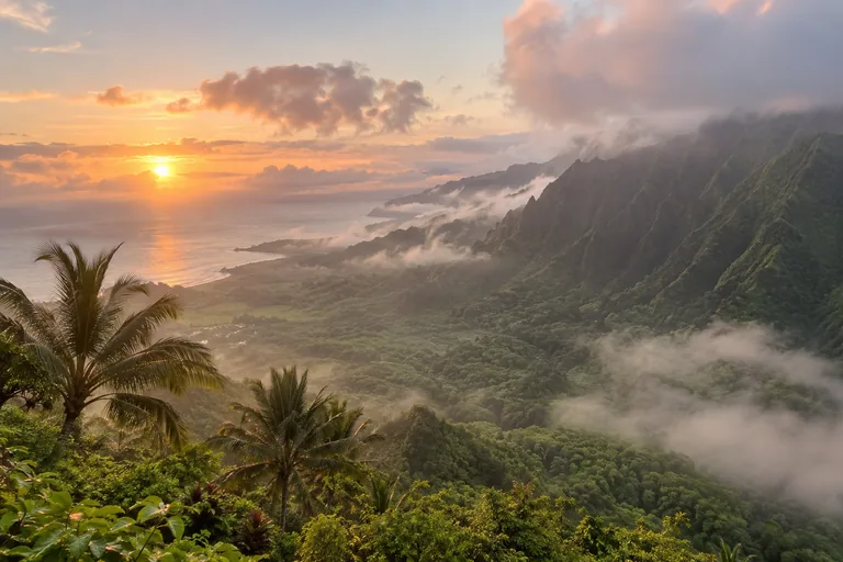 Une vallée verte et escarpée au bord de l’océan à Hawaï, au lever du soleil