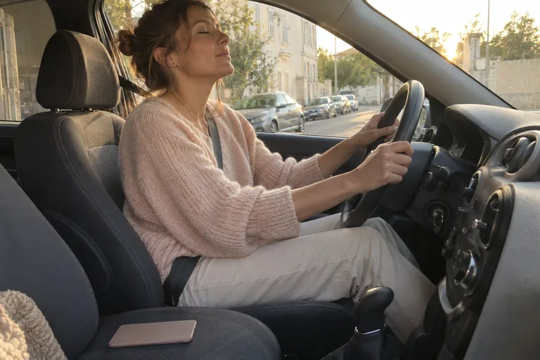 Une femme assise dans sa voiture garée, les mains sur le volant et les yeux fermés, qui respire après un moment tendu