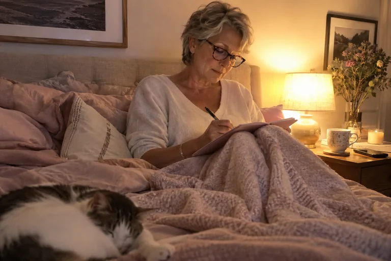 Une femme assise dans son lit le soir écrit quelques lignes dans un petit carnet, près d’une lampe de chevet