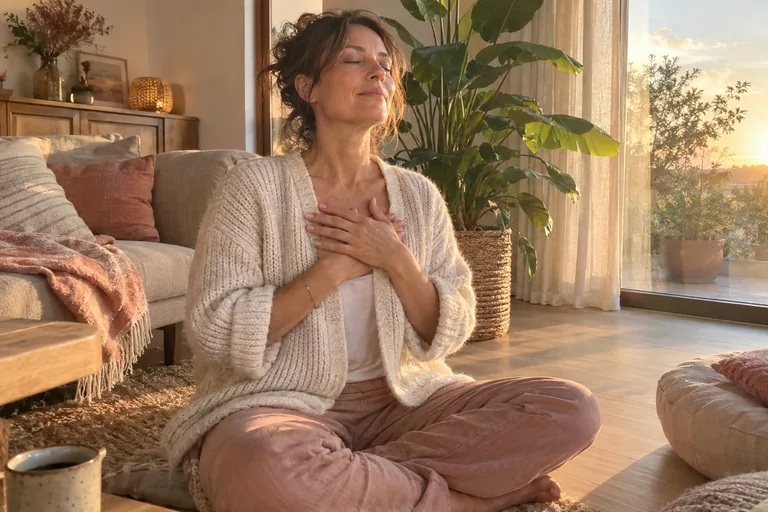 Une femme assise en tailleur près d’une fenêtre, les mains posées sur le cœur et les yeux fermés