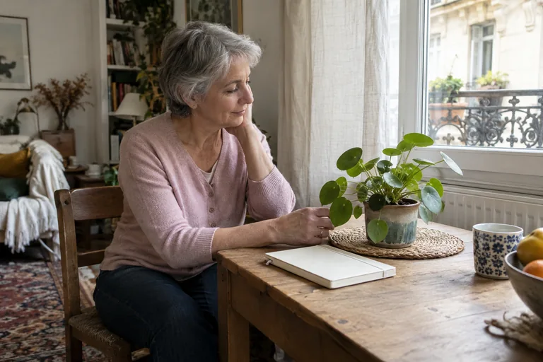 Femme aux cheveux gris courts en cardigan rose pâle près d’une plante et d’un carnet fermé