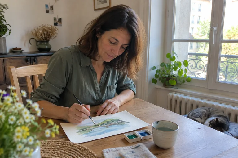 Femme peignant une petite aquarelle sur une table près d’une fenêtre.