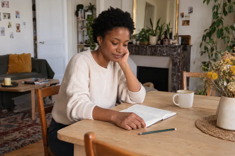 Femme en pull crème regardant un carnet posé sur une table.