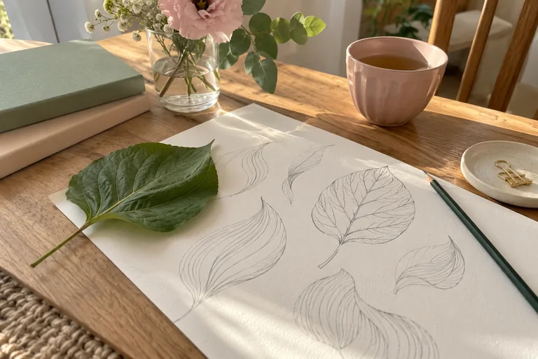 Une feuille naturelle repose près de plusieurs études de lignes au crayon.