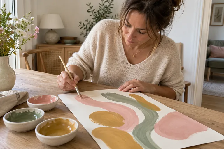 Une femme peint de grandes formes roses, vertes et ocres à côté de trois coupelles de peinture.