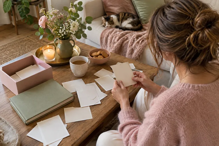 Une femme trie des petites cartes présentées verso clair près d’une boîte.