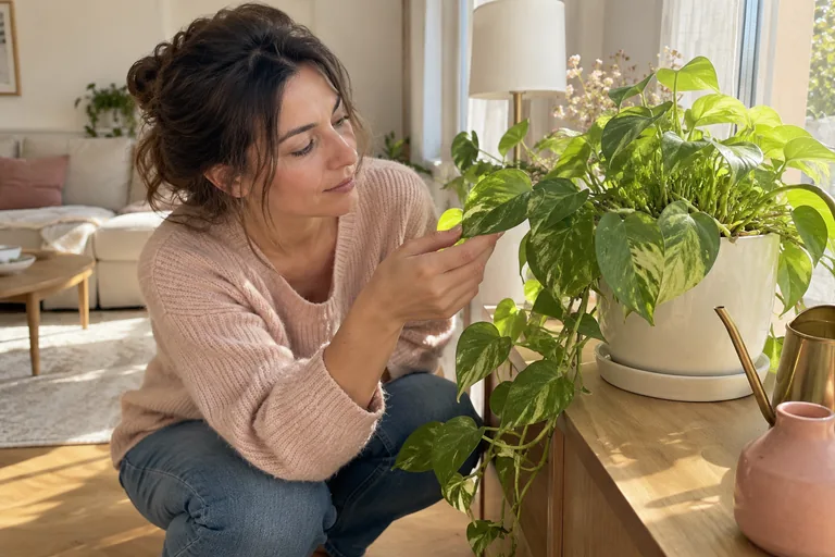 Une femme observe les feuilles panachées d’une plante en pot.
