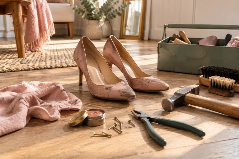 Des chaussures roses usées reposent près d’outils et de brosses.