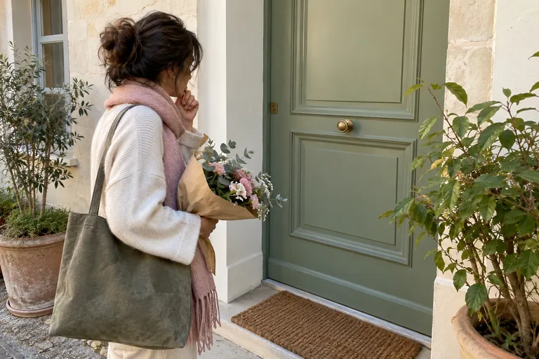 Une femme tenant un bouquet attend devant une porte fermée.