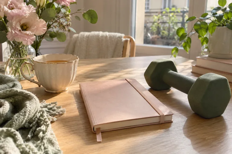 Un carnet rose fermé est posé entre une tasse délicate et un haltère vert.